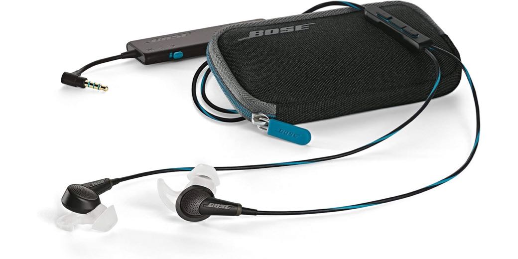 Bose QC20 earbuds showing flanges along with case and controller.