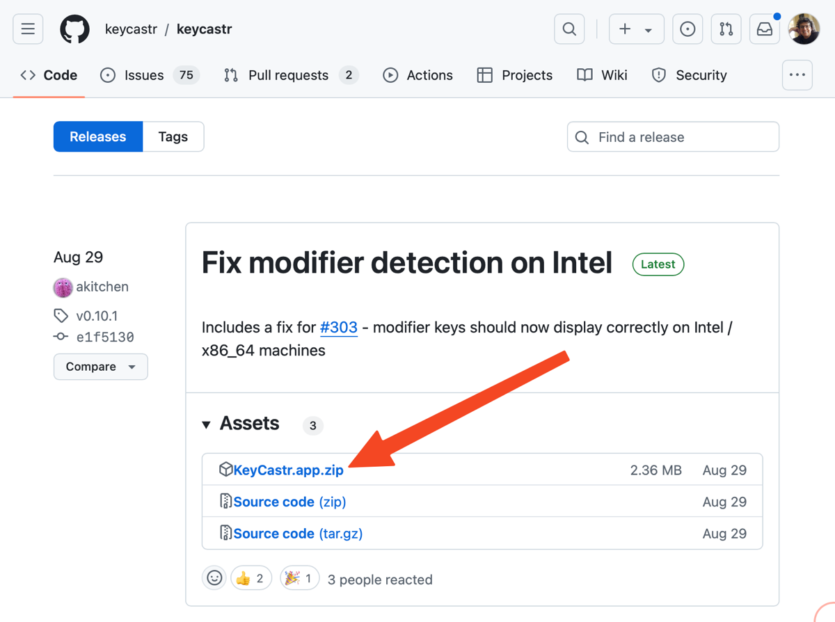 GitHub page with arrow pointing to Keycastr download zip.