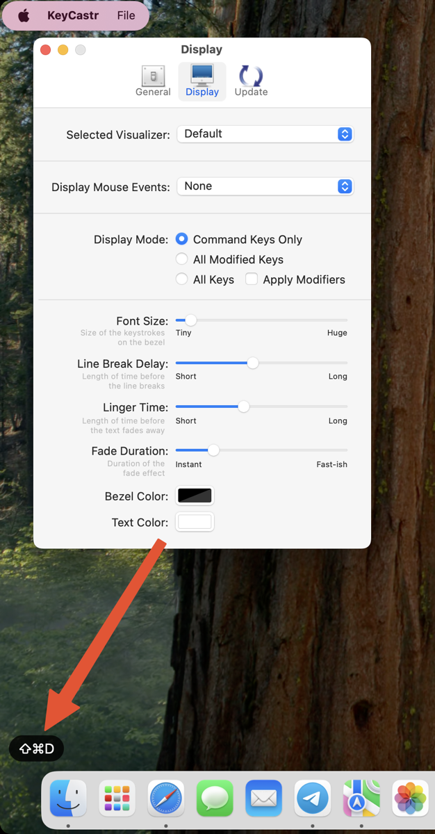 Keycastr default display settings with arrow pointing at how small the display of the keystroke is.