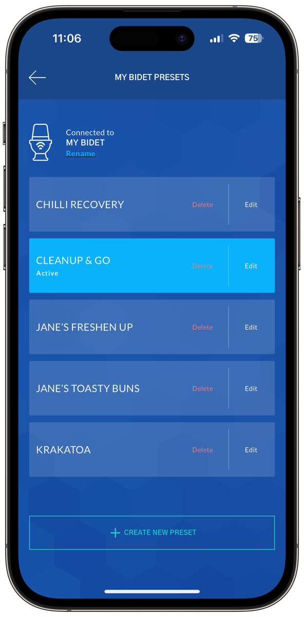 My Bidet in app showing a preset chosen called "Cleanup & Go"