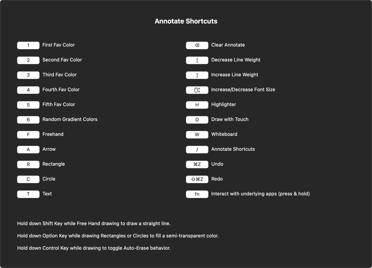 Presentify Annotate Shortcuts as described in detail.