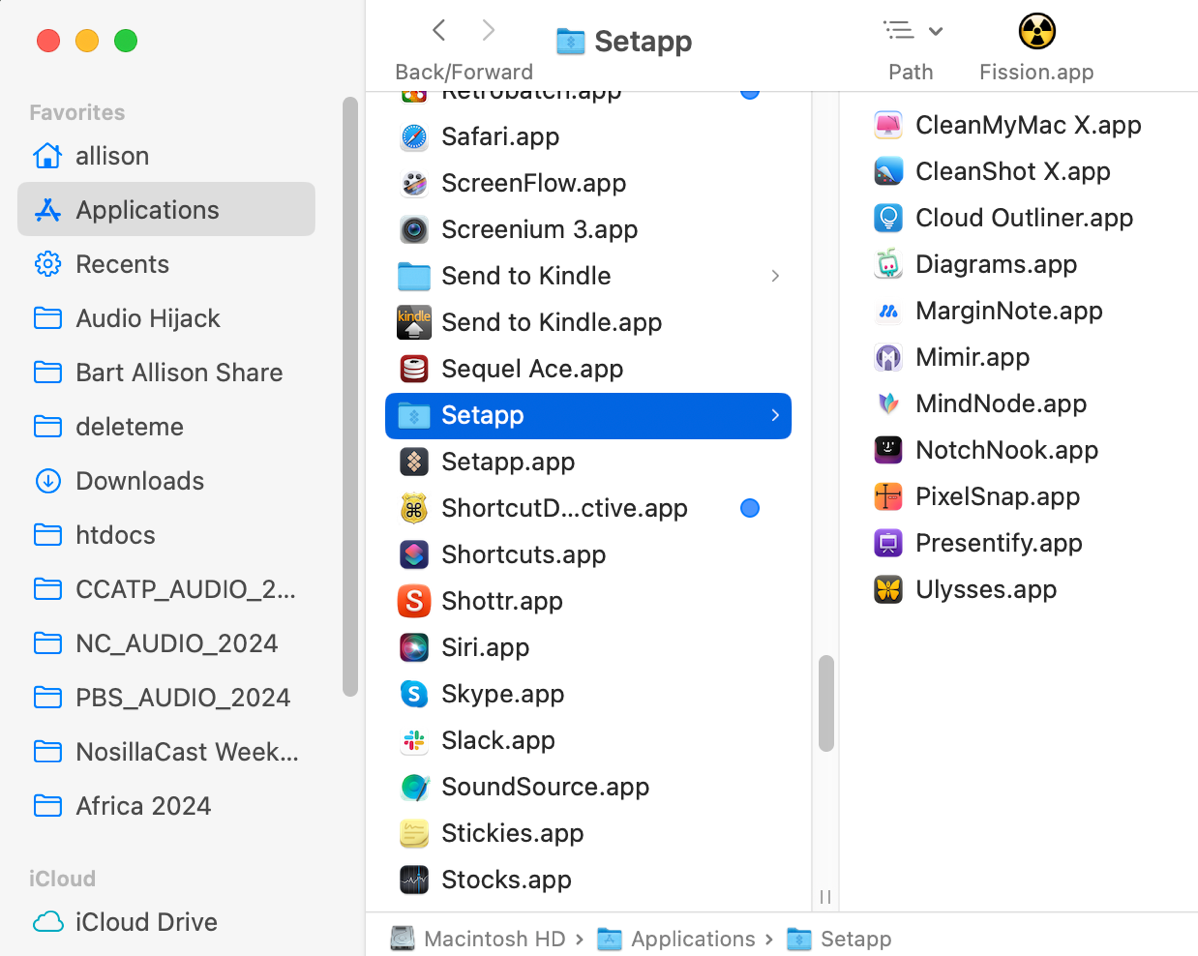 Setapp folder expanded in Applications showing 11 apps.