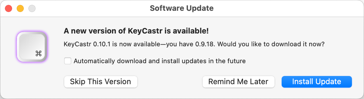 Standard popup window showing me I have an update for keycastr.