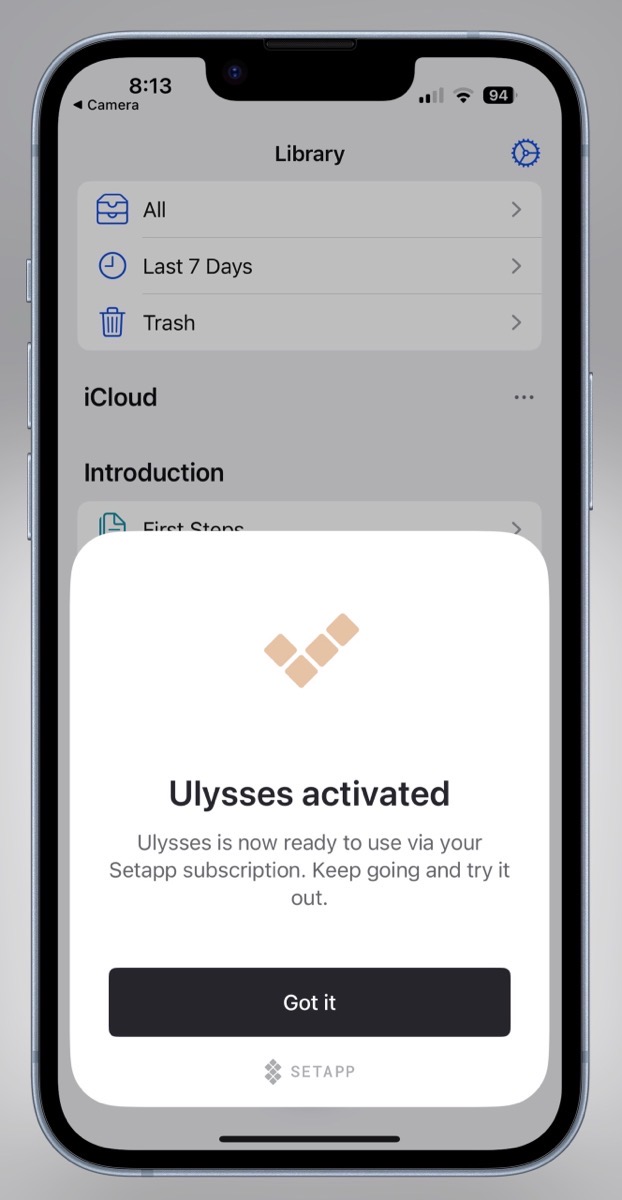 Ulysses on iPhone with a popup saying it has been activated by Setapp.