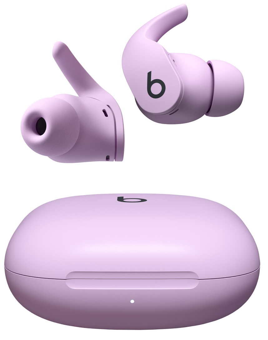 Beats fit pro in purple showing flanges on earbuds and case.