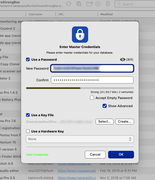 Popup to enter master credentials and the option to select a key file or use a hardware key