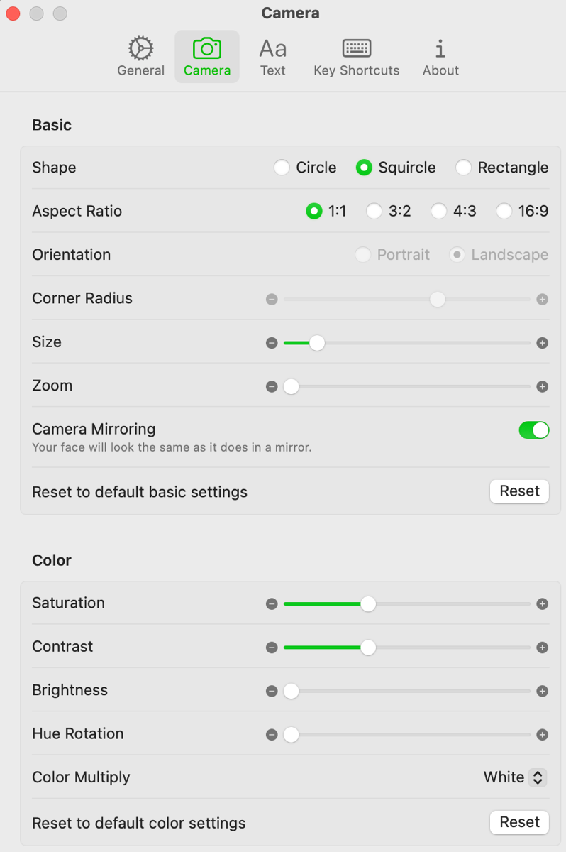 FaceScreen Settings Camera Tab.