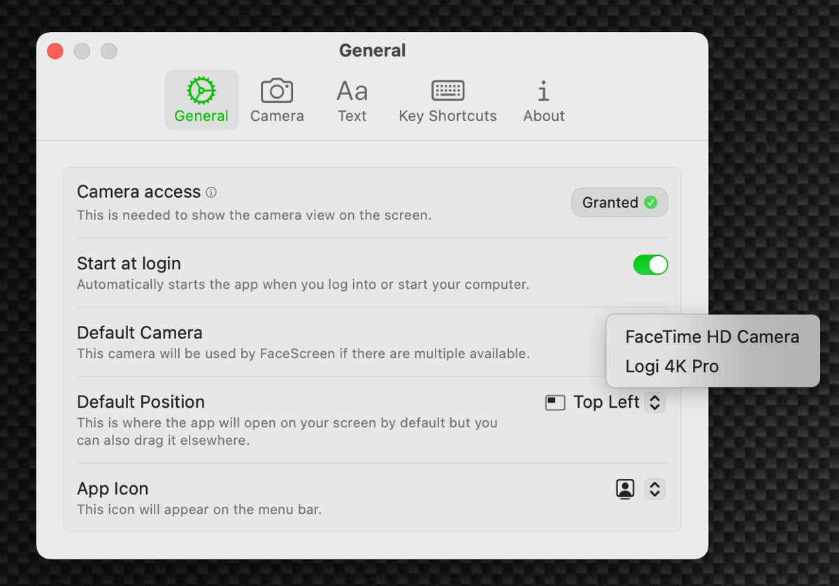 FaceScreen Settings General Tab I'll describe.