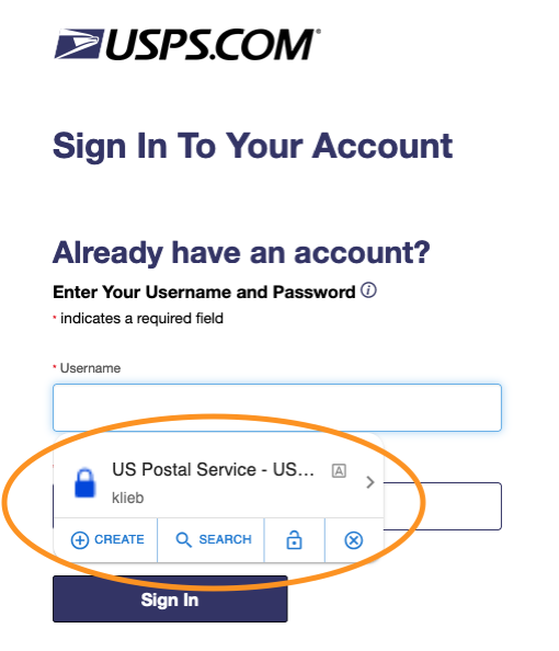 Strongbox auto fill option shown on login screen in Firefox for USPS.com