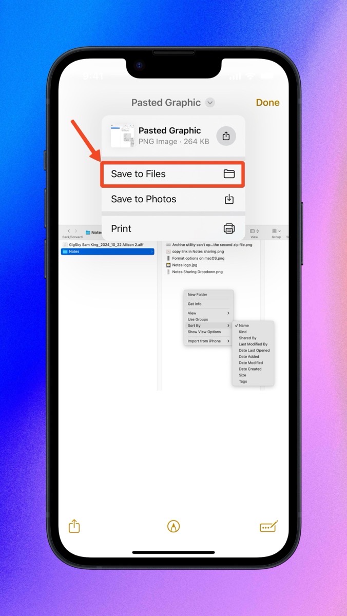 Notes on iPhone with selected pasted graphic showing save to files.