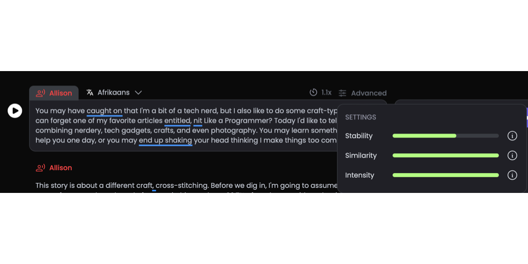 Playdotht advanced settings. When selected dropdown shows the three sliders I described: stability, similarity, and intensity