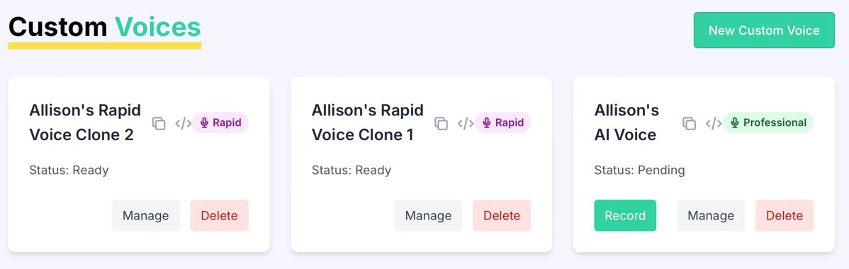 Resemble Custom Voices says pro clone is pending. The other two rapid voices are ready to go though.