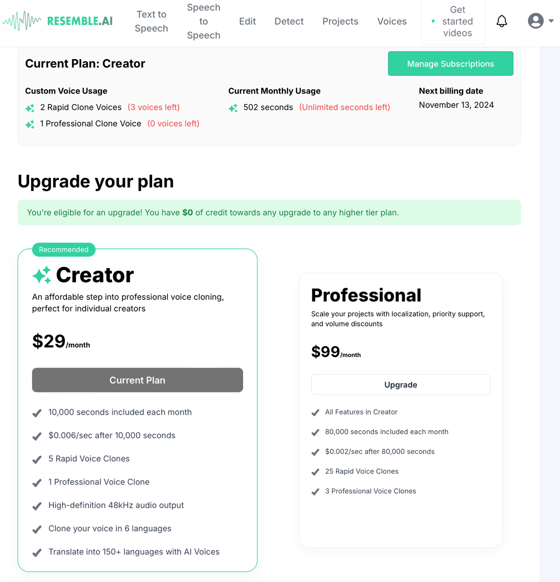 Resemble pricing plans - creator for $29 and Pro for $99 per month.