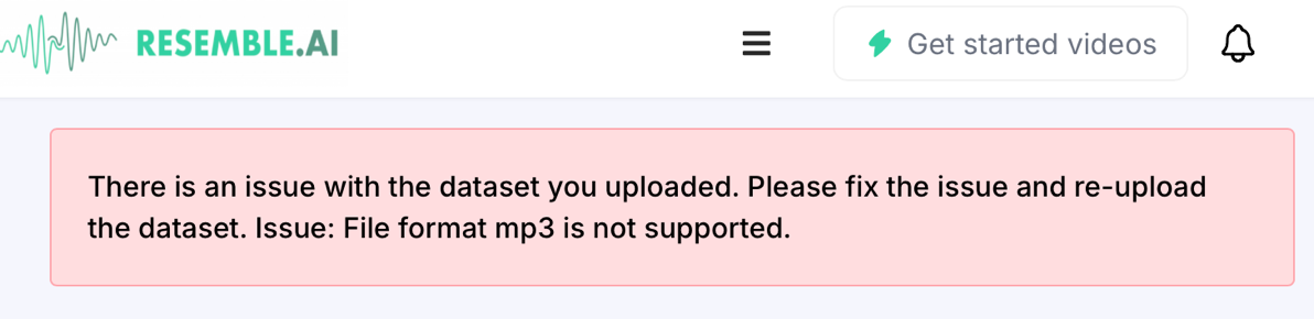 After trying to upload, I get an error message. Resemble says mp3 is not supported for high quality voices.