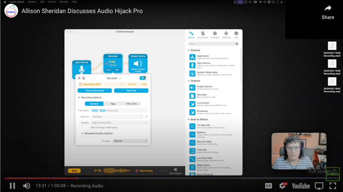 screenshot of YouTube video of my presentation to SVMUG. Shows Audio Hijack in the middle and FaceScreen video of me in the bottom right