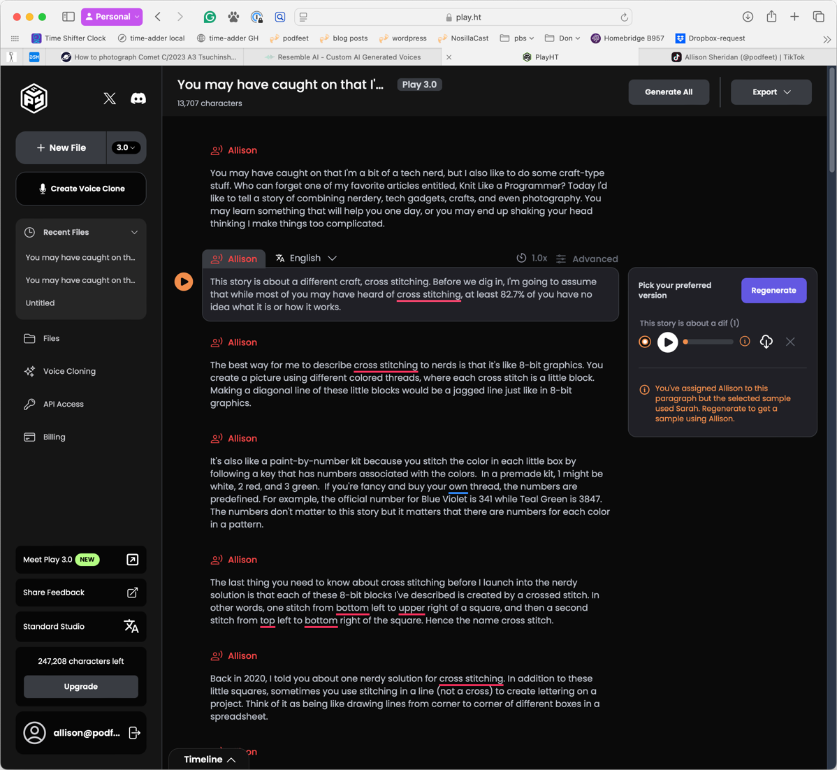 Play dot ai interface. shows paragraphs with name of voice above. One paragraph is selected and it's telling me to regenerate having selected Allison as new voice