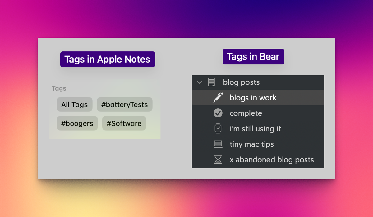 Screenshot of tags in Apple Notes vs Bear.