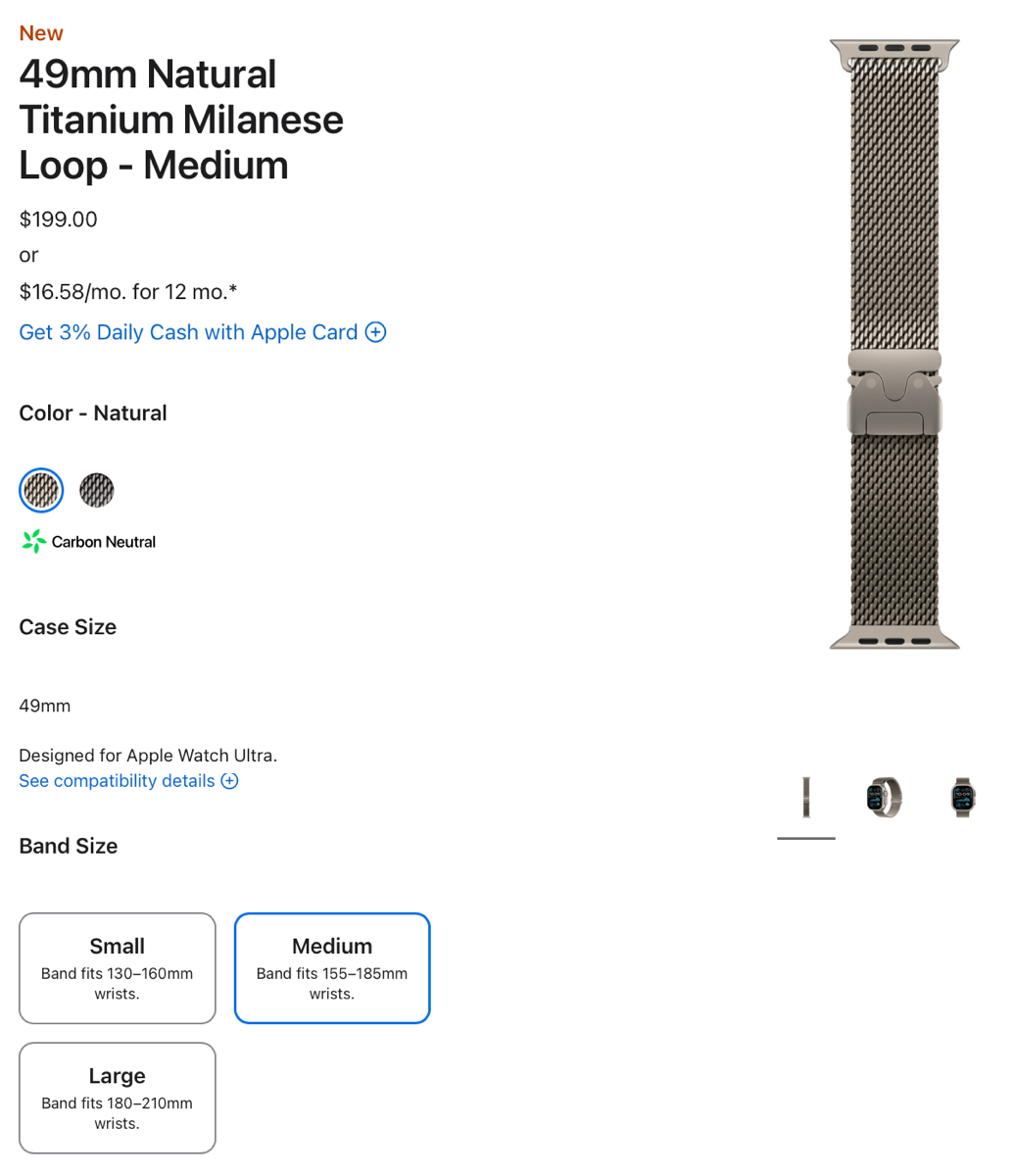 Apple 49mm titanium milanese band showing size medium on Apple store page.