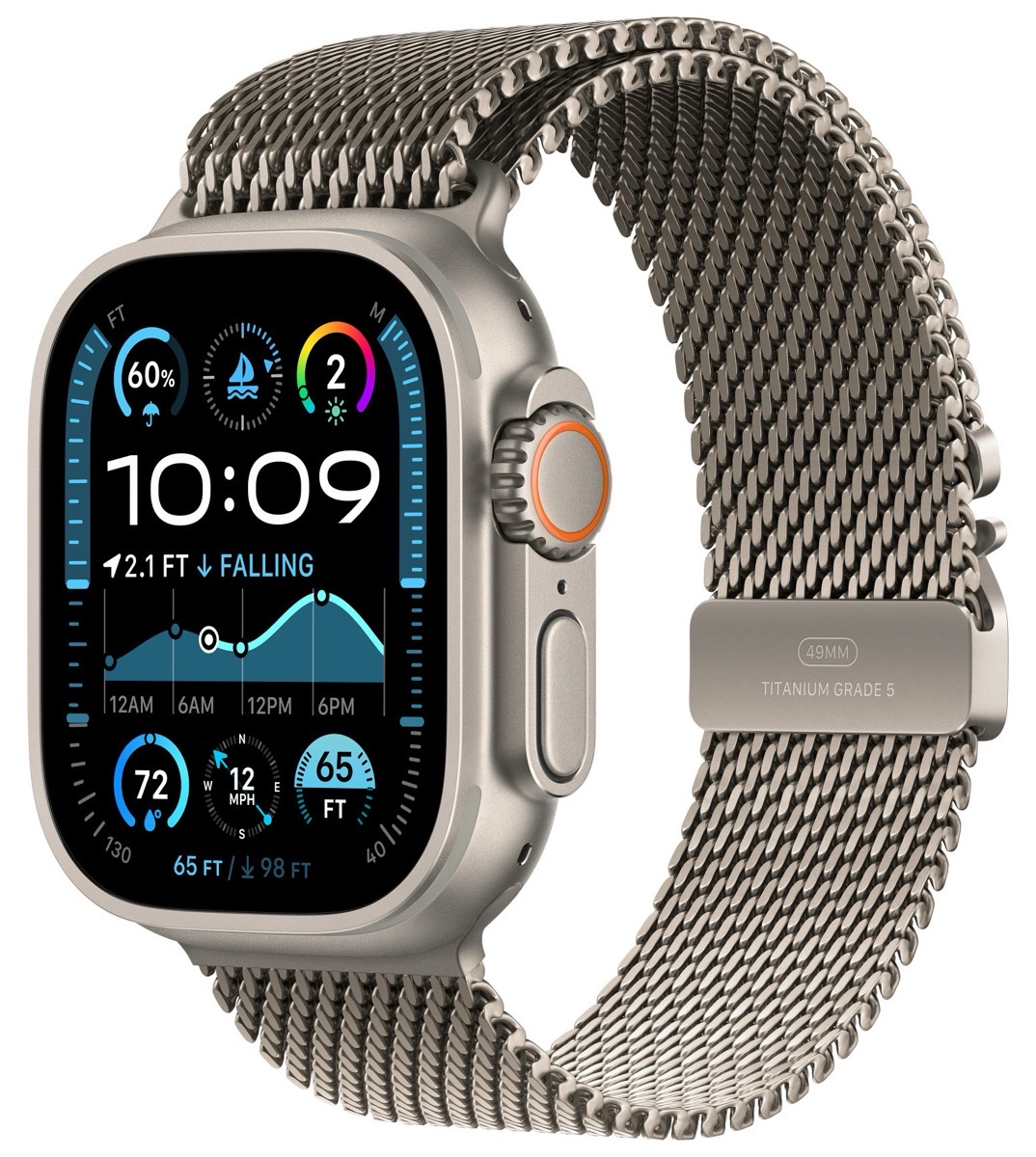 Apple Watch Ultra with natural titanium milanese loop band.