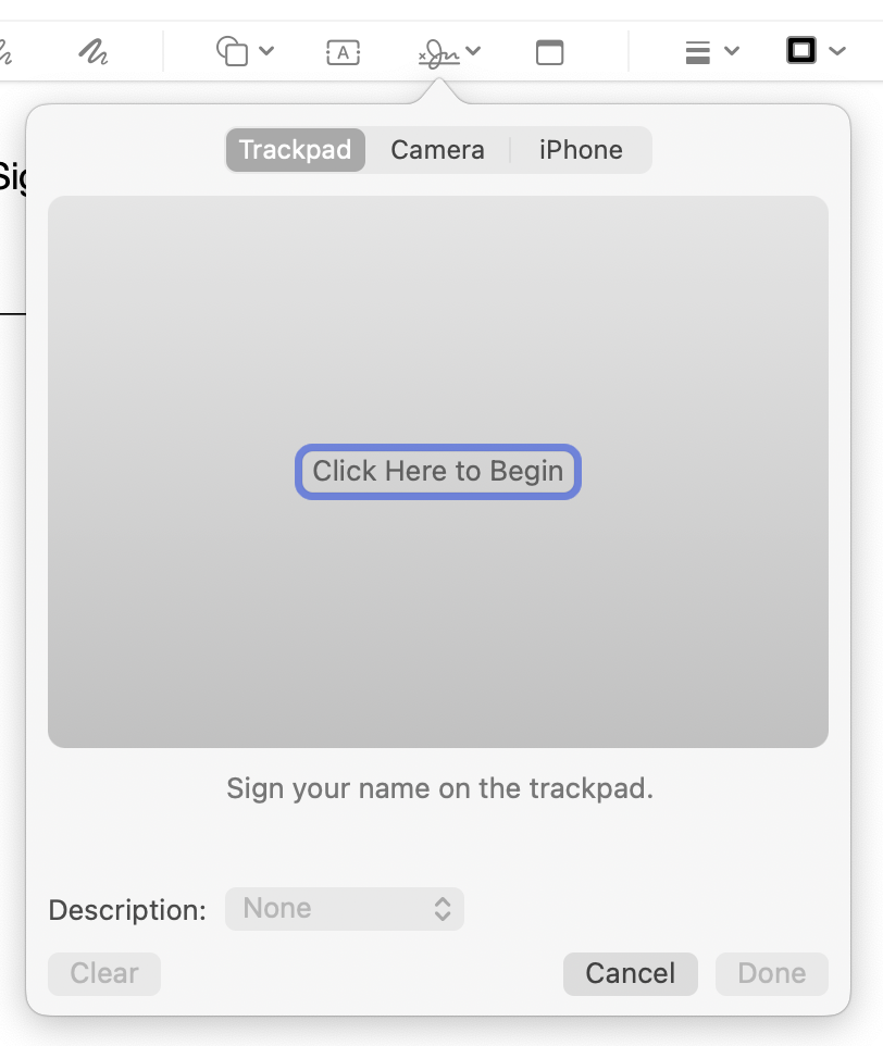 Create signature with trackpad camera or iphone.