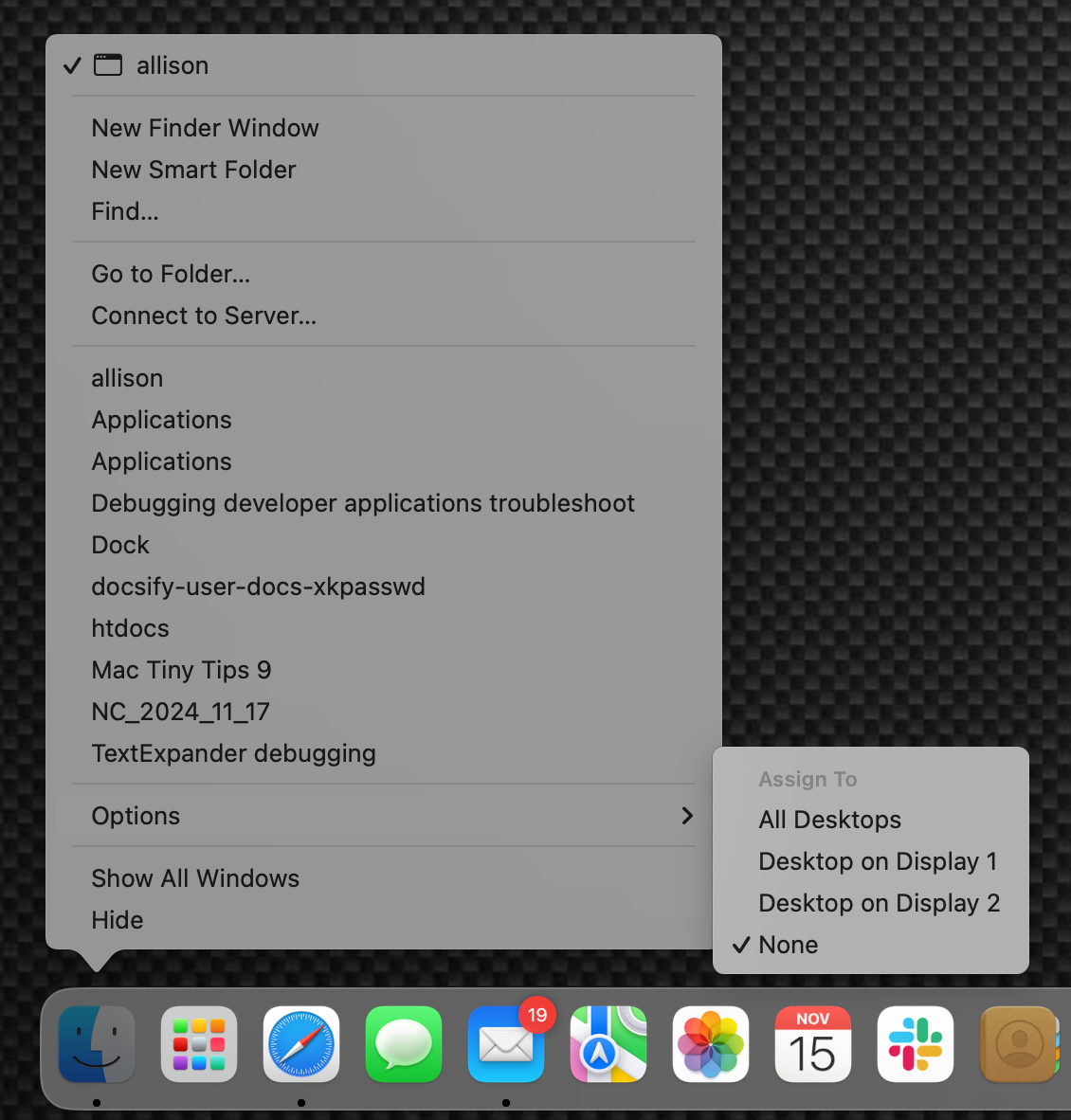 Finder Right-Click Menu in Dock.