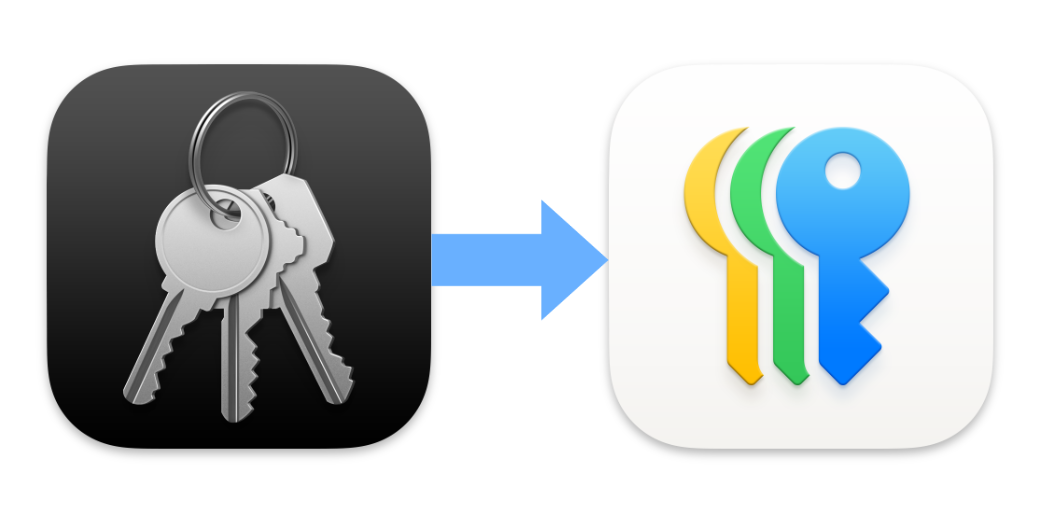 Keychain Access logo with a blue arrow pointing to the Passwords app logo
