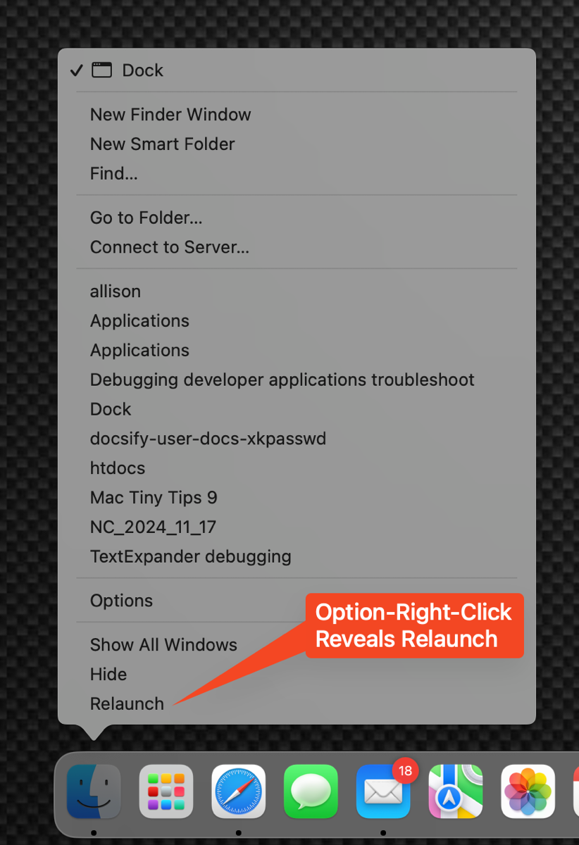 Option-right-click Finder in Dock reveals relaunch.