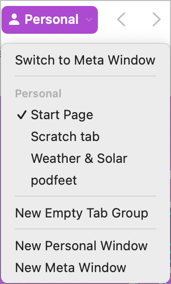 Personal Profile showing dropdown to switch to Meta window.