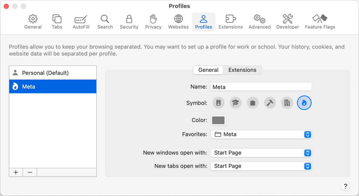 Profiles in Safari Settings showing my new Meta Profile as described.