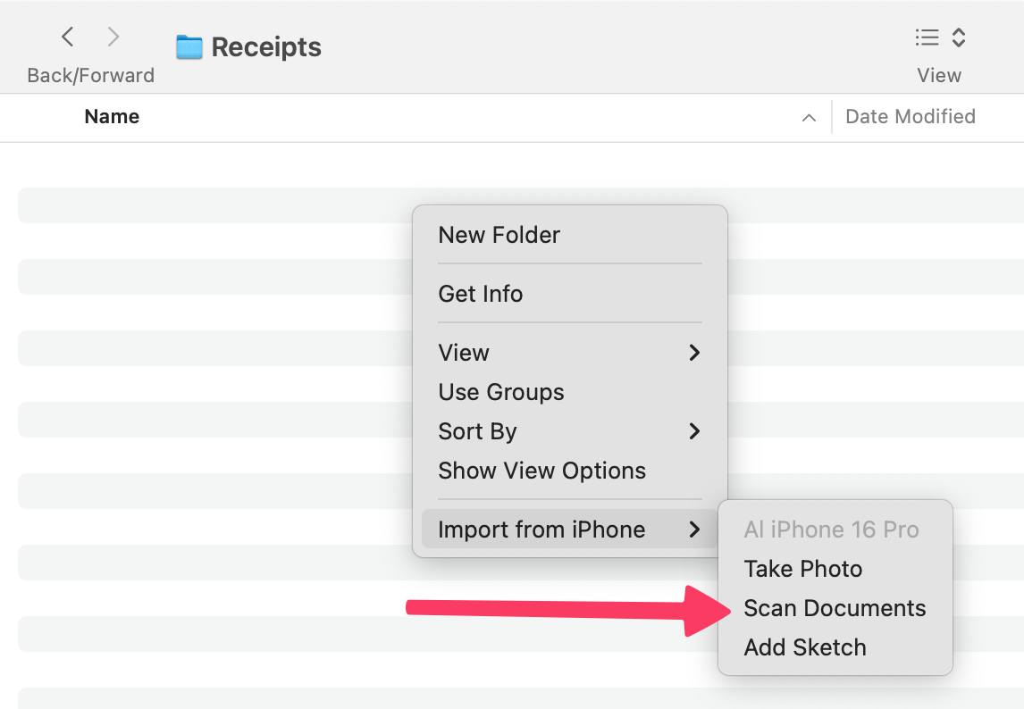 Receipts folder showing contextual menu and arrow pointing at scan documents.