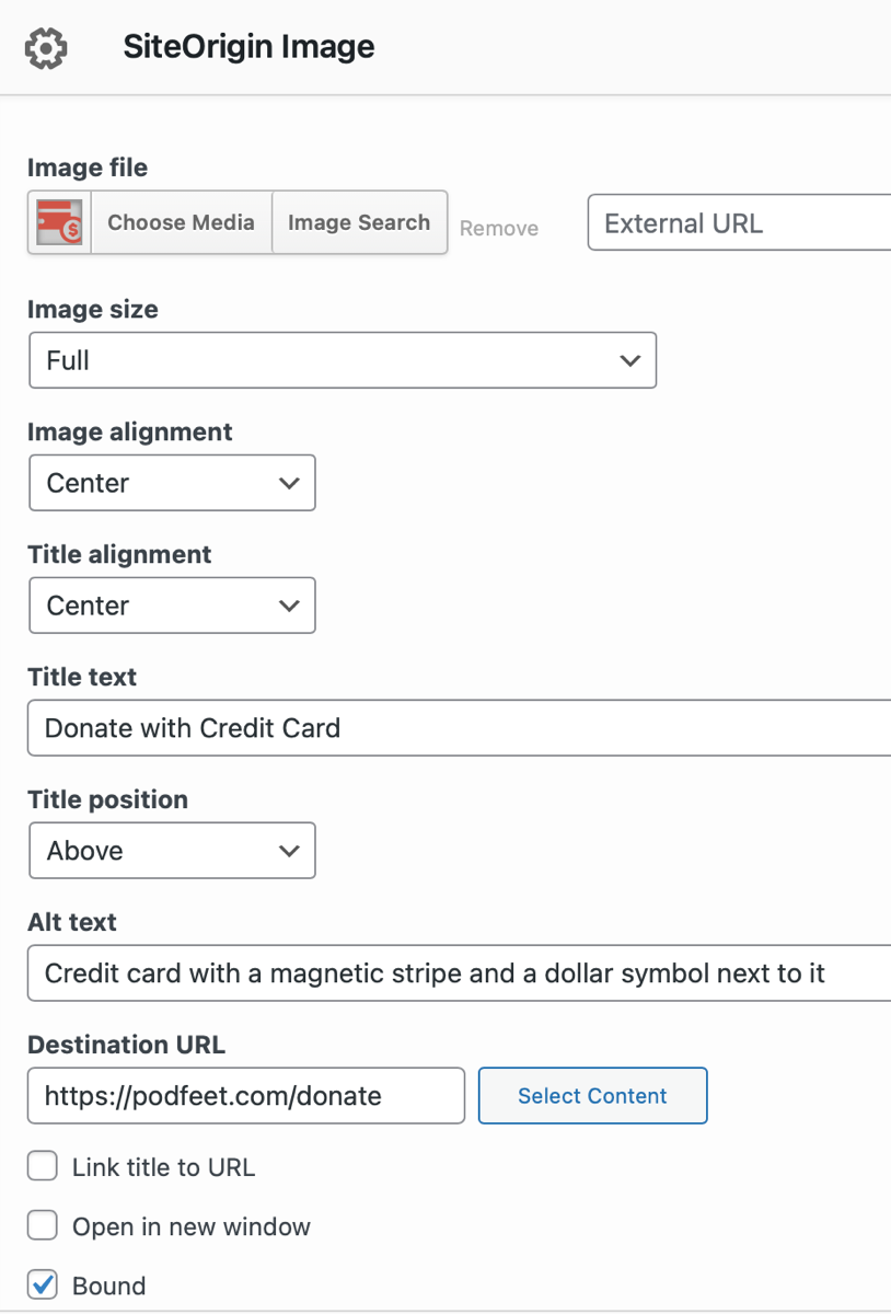 SiteOrigin building block for donate with credit card.