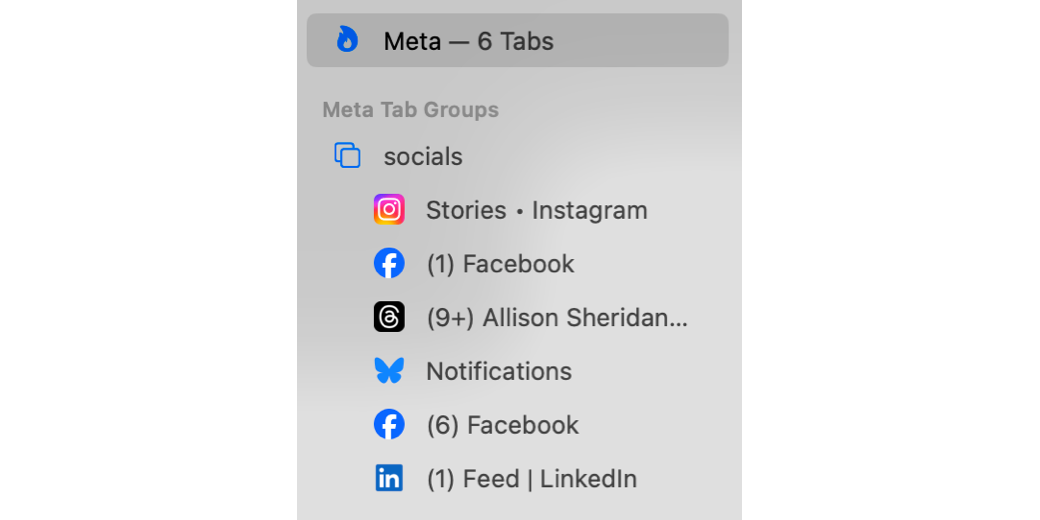 Tab Group for my Meta Profile Showing Six Social Media Sites