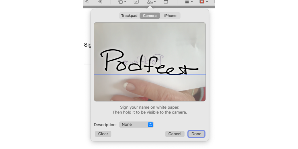 creating Signature using camera in Preview on macOS