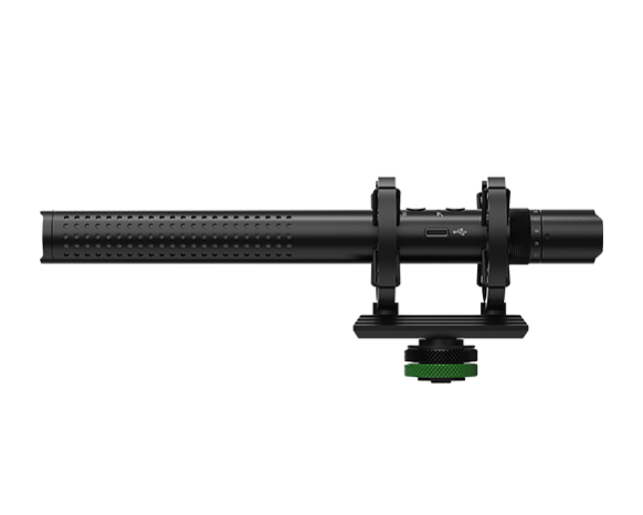 EM-98MS shotgun mic. A long tube with two supports at one end which then go down to a hot shoe at the bottom.