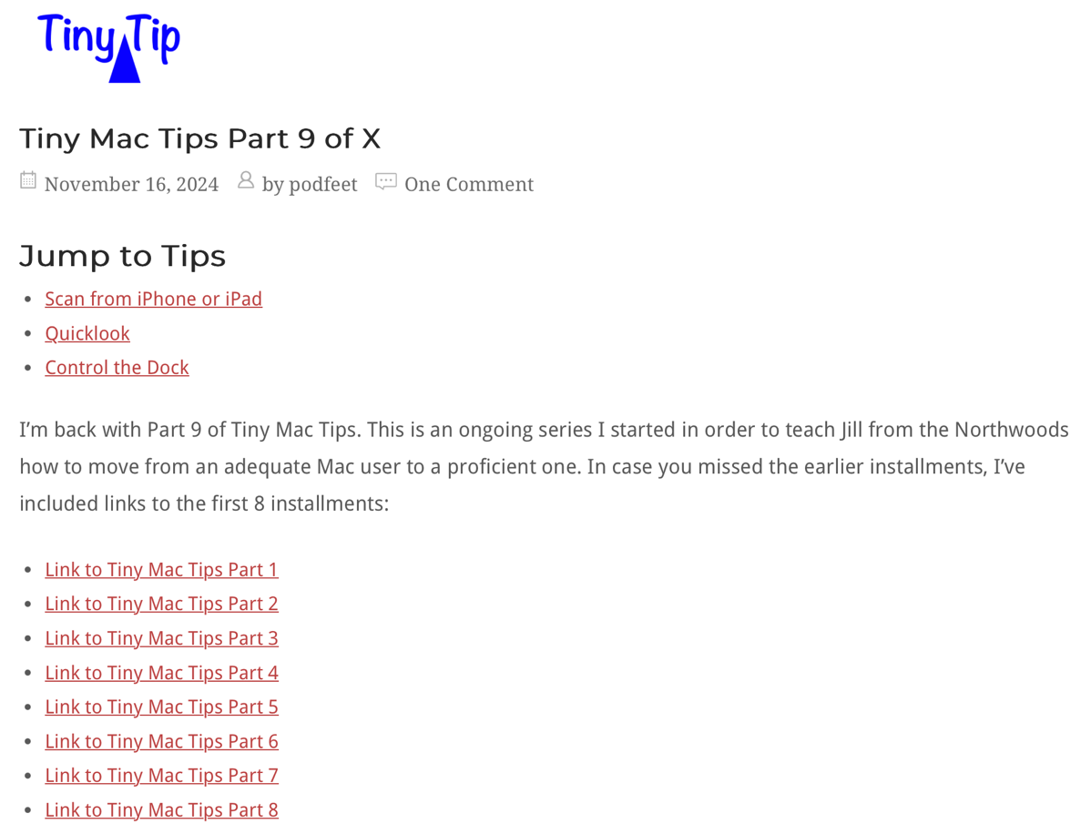 Jump to Tips at the top of Tiny Mac Tips 9 before links to older tip pages.