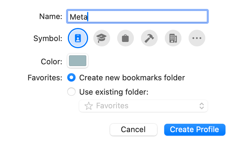 New profile after naming shows create new bookmarks folder for favorites.