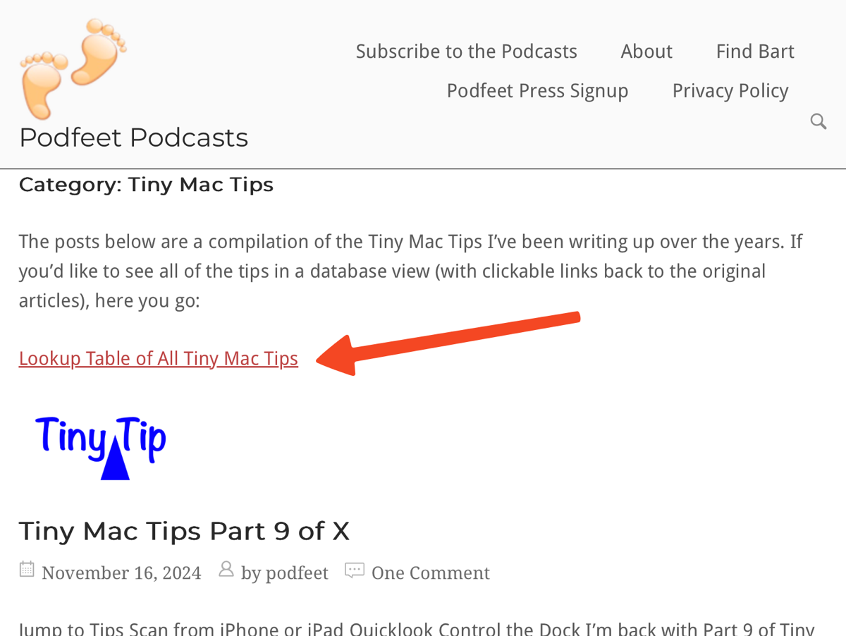 Tiny Mac Tips category page with arrow pointing to link to table of posts.