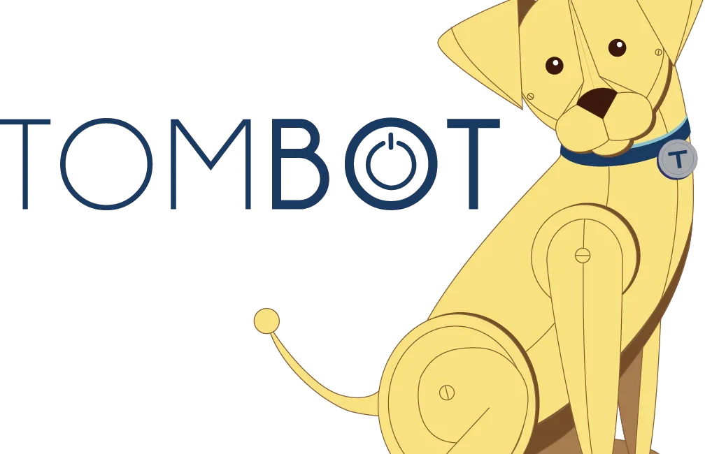 Tombot company logo with name of company in capital letters next to a drawing of a mechanical-looking yellow puppy. The puppy is wearing a blue collar with a dogtag that has a blue T printed on it.