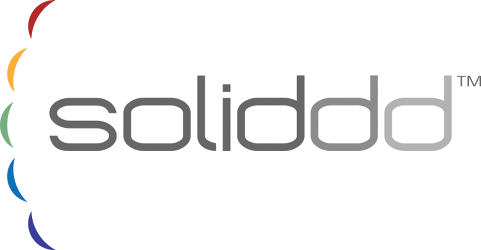 Soliddd company logo with lower case lettering in varying degrees of grey in w white background. To the left of the company name is an arc of five lenses that partially wrap around the S. The lenses are arranged in the color ordering of the rainbow: red, yellow, green, blue, violet.