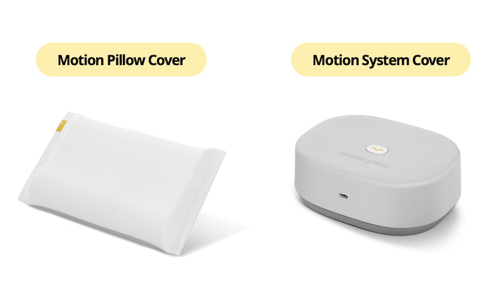 Side-by-side photos of the Motion Pillow and the Motion System. The pillow is white and rectangular in shape while the system is a small white rectangular unit about the size and shape of an Apple TV.