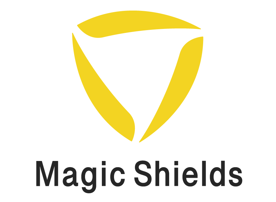 Magic Shields logo with the company name in black text at the bottom. Above the company name is pattern formed with three yellow feather-like shapes that connect at their tips to form a triangle.