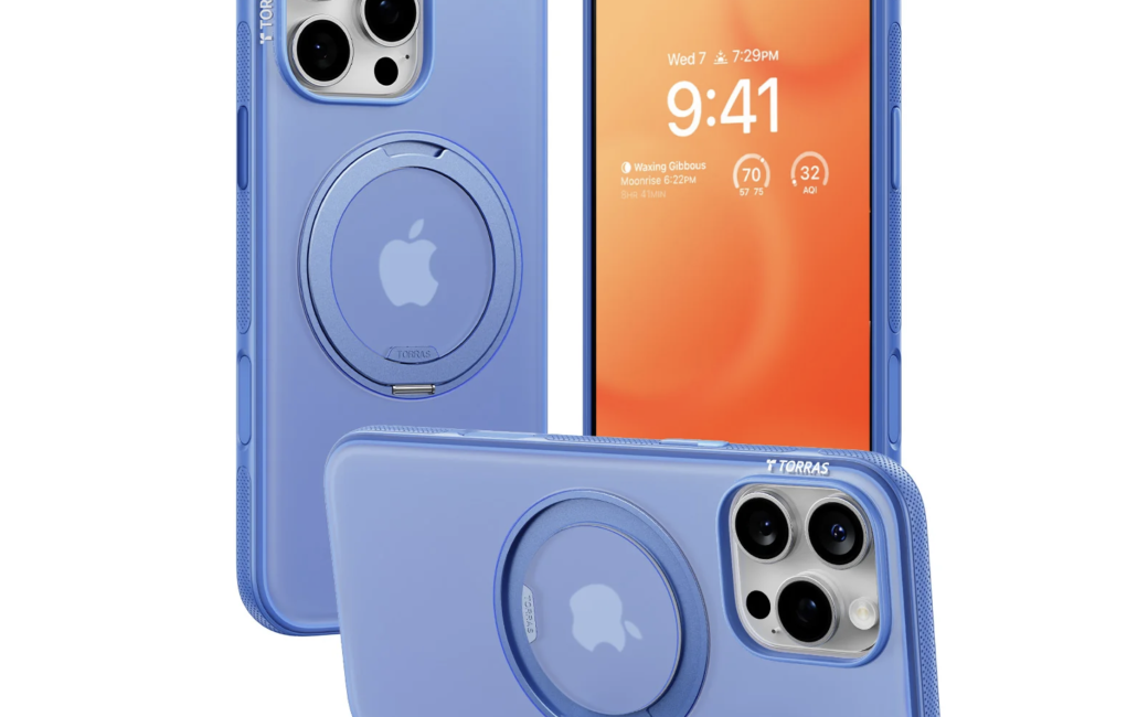 Three views of a light blue Torras Ofitness case shown on an iPhone 15 Pro. The first view is of the back of the phone in a portrait position showing the full case and the built-in ring that is folded flat against the case. The ring is in the same position as the MagSafe magnet and has a small hinge at one end and a small cutout at the other end for grabbing and unfolding the ring. The second view shows the back of the phone in a landscape position with the ring folded out and the case standing up on its edge supported by the ring. The hinge has been rotated by 90 deg so it’s clear it can be rotated into a desired position for different use cases. The third view shows the front of the iPhone surrounded by the case on the sides. The iPhone has an orange screen with date, time, and weather information shown on its face.