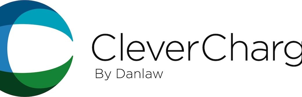 CleverCharge logo with company name Danlaw below the CleverCharge name which is in larger text. A stylistic capital C is to the left of the names. It is composed of three partially overlapping crescents in dark blue, medium blue, and green colors. The overlapped shapes as a whole form the letter C.