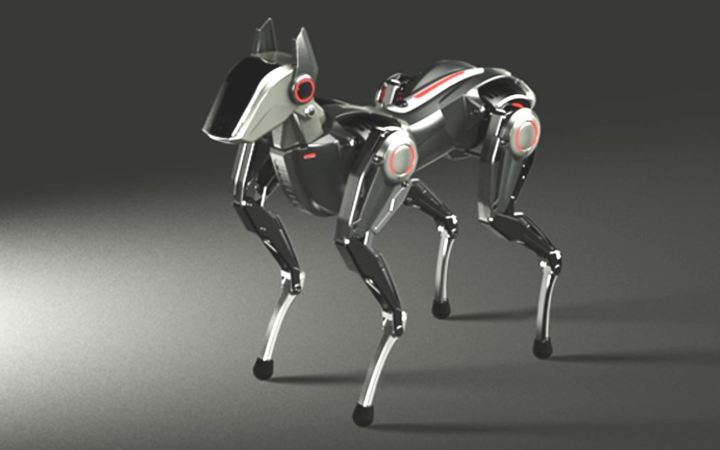 Photo of the robotic dog Sparky which appears as an angular, mechanical, dog-shaped robot made of metal. It has a body, 4 legs, a head, two ears, but no tail. It is silver and black with red highlights at the pivot joints. The joints in the robot’s neck, legs, and shoulders are at the same locations on a dog. The feet are just stubs made of rubber for traction. There is no face but instead a black shiny plate behind which a camera will eventually be placed.