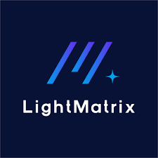 Light Matrix company logo with the name in white block text against a dark blue background. Above the name are three diagonal light blue bars with the one in the middle slightly shorter than the outer bars forming a stylized M. To the bottom right of the bars is a light blue, 4-pointed star.