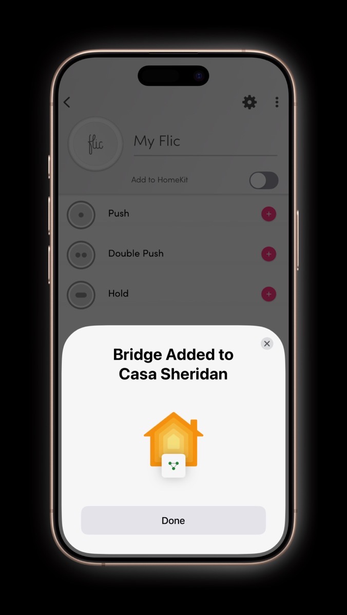 Flic Hub added to HomeKit as a Bridge.