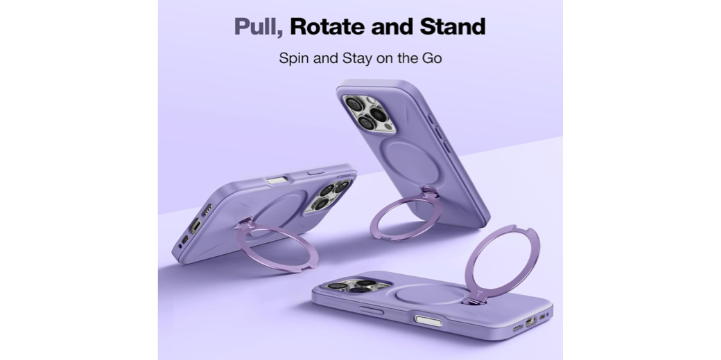 Torras 360 degree ring in different positions holding up the phone. Case shown is lavendar!