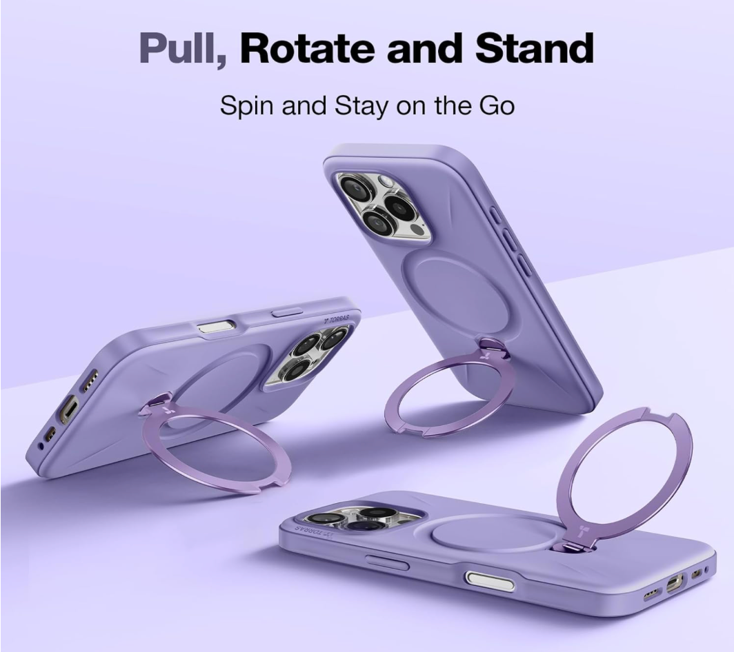 Torras 360 degree ring in different positions holding up the phone. Case shown is lavendar!