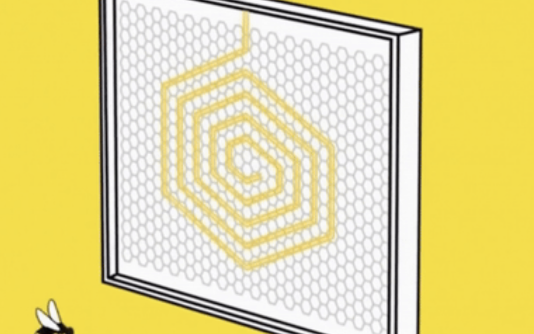 Black and white drawing of the Lifehive frame against a yellow background. The frame appears similar to a picture frame with a thin outer structure. It is square and surrounds a substrate made from a small hexagonal honeycomb pattern. A yellow heating element is shown embedded in the substrate. It enters the frame from the top and forms a large hexagonal pattern nearly covering the substrate. The outer hexagon continuously spirals downward to smaller and smaller hexagons. A small honeybee is shown flying toward the frame in the lower left of the image.