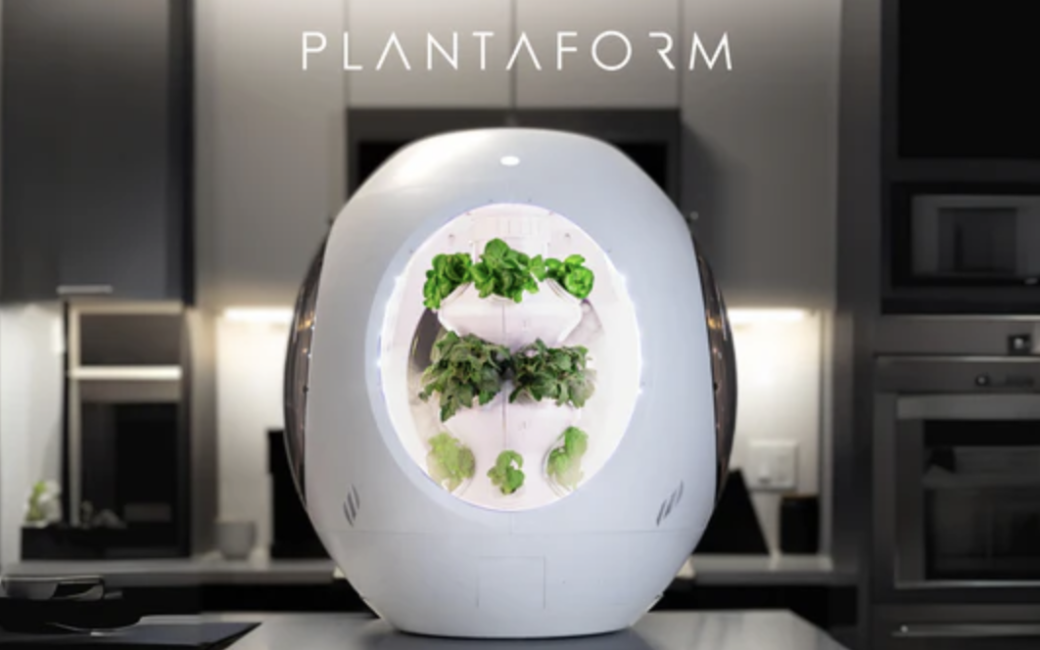 View of the Plantaform smart indoor garden sitting on a kitchen counter. It is white, egg-shaped, about 30” tall, and has oval windows on four sides. It is illuminated from the interior making three tiers of growing platforms visible, each containing leafy greens. Small air vents are also visible on the exterior in the lower left and right. The background shows a slightly unfocused, dimly-lighted modern kitchen in grey and white with stainless steel appliances.